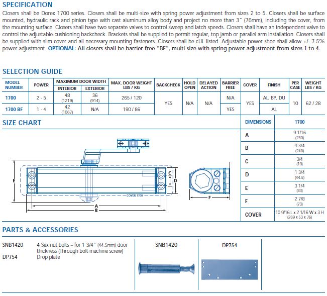 door closer specification 1700